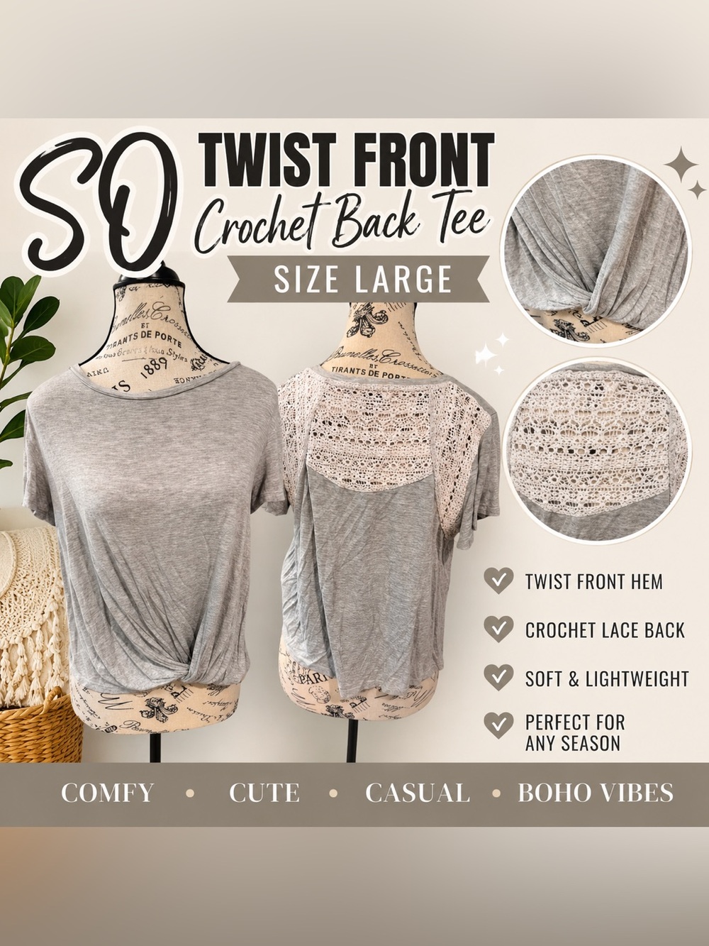 SO Gray Twist Front Crochet Back Tee Top Size Large Boho